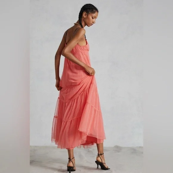 Anthropologie - MAEVE - Tulle, Coral, Tiered Maxi Dress Coral. Medium. - Picture 2 of 11